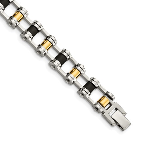 Chisel Stainless Steel Polished Yellow IP-plated Bracelet with Black Rubber, 8.75"