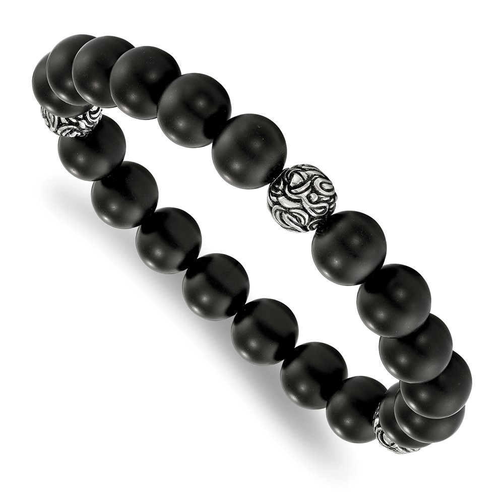 Stainless Steel Antiqued and Polished w/Blk Agate Beads Stretch Bracelet