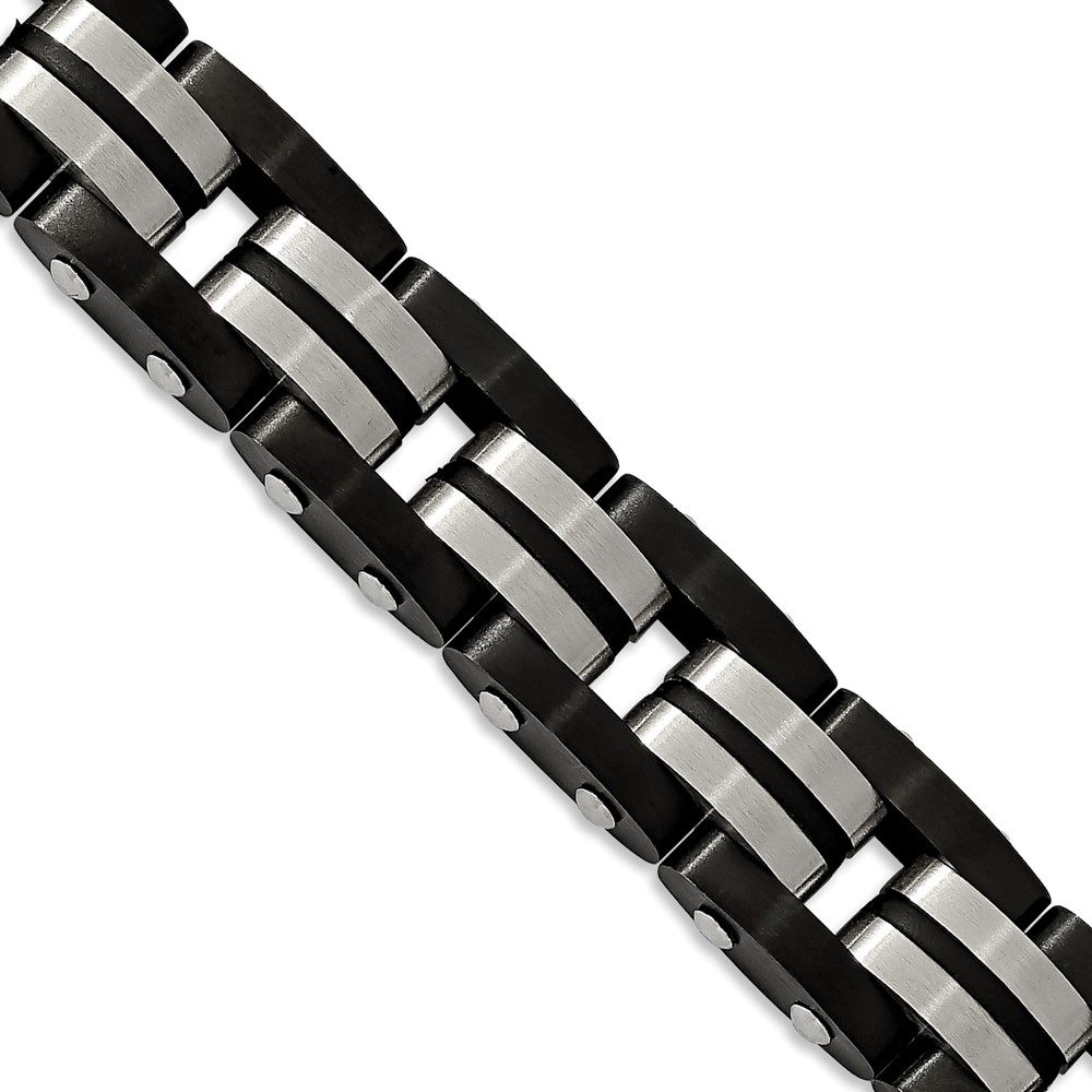 Stainless Steel 8.25in Black Rubber and Brushed Black IP-plated Bracelet
