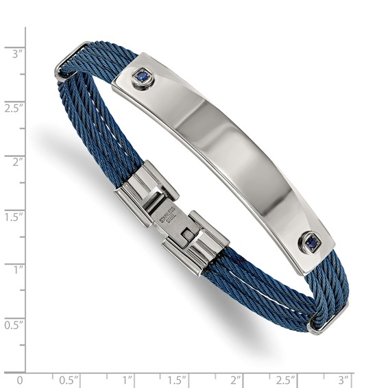Chisel Stainless Steel Polished Blue IP-plated Cable with Blue CZ 7.25 inch ID Bracelet