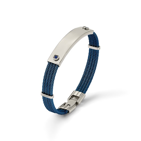 Chisel Stainless Steel Polished Blue IP-plated Cable with Blue CZ 7.25 inch ID Bracelet