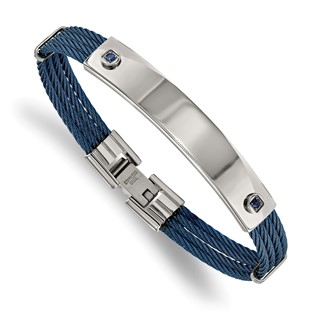 Chisel Stainless Steel Polished Blue IP-plated Cable with Blue CZ 7.25 inch ID Bracelet