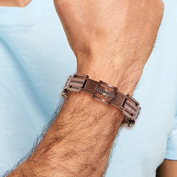 Chisel Stainless Steel Brushed and Textured Brown IP-plated with Black CZ 8.25 inch Link Bracelet