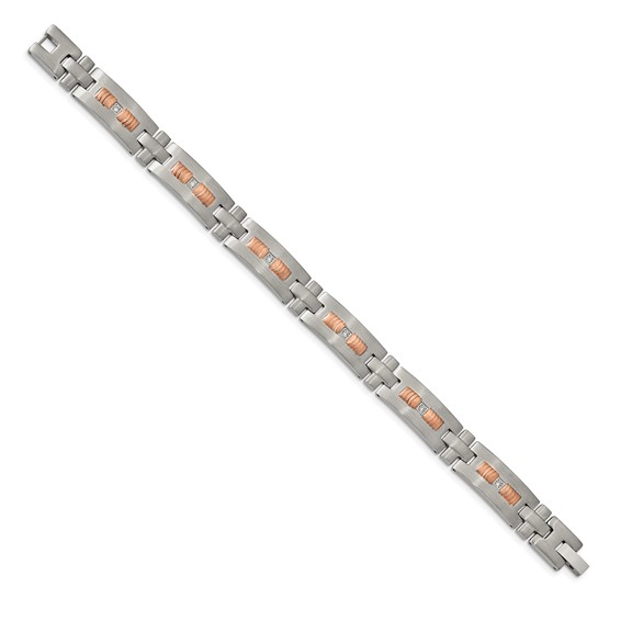 Chisel Stainless Steel Brushed and Textured Rose IP-plated with CZ 8.5 inch Link Bracelet