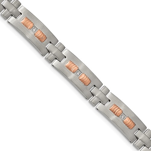 Chisel Stainless Steel Brushed and Textured Rose IP-plated Bracelet with CZ Link, 8.5"