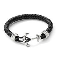 Chisel Stainless Steel Polished Anchor Black Braided Leather Bracelet, 8.5" view 4