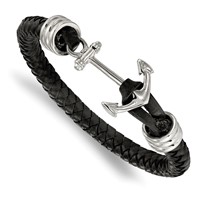 Chisel Stainless Steel Polished Anchor Black Braided Leather Bracelet, 8.5" view 1