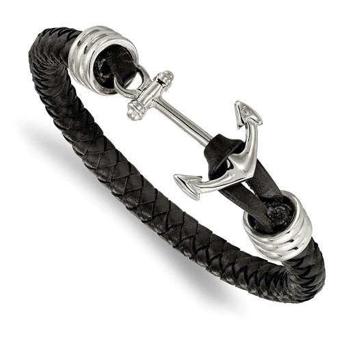 Chisel Stainless Steel Polished Anchor Black Braided Leather Bracelet, 8.5"