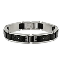 Chisel Stainless Steel Polished and Textured Black IP-plated Bracelet with CZ and Black Carbon Fiber Inlay Link, 8.75" view 2