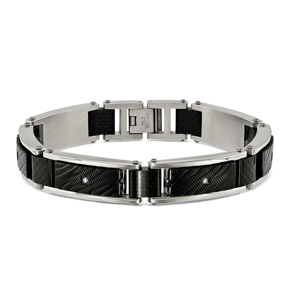 Chisel Stainless Steel Polished and Textured Black IP-plated with CZ and Black Carbon Fiber Inlay 8.75 inch Link Bracelet