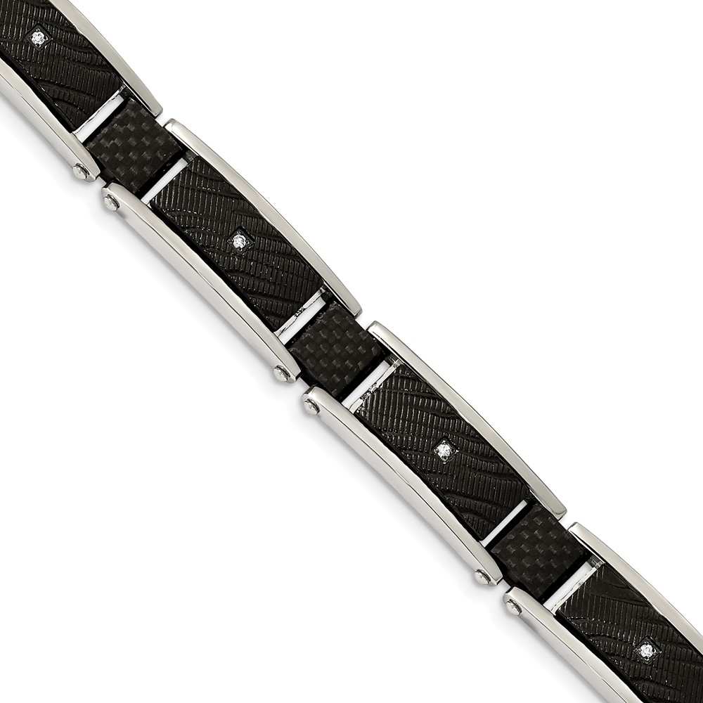 Stainless Steel Polished Blk IP w/CZ and Black Carbon Fiber 8.75in Bracelet