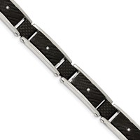 Chisel Stainless Steel Polished and Textured Black IP-plated Bracelet with CZ and Black Carbon Fiber Inlay Link, 8.75" view 1