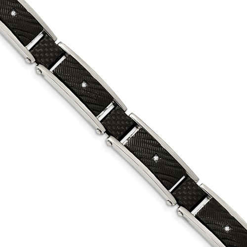 Chisel Stainless Steel Polished and Textured Black IP-plated Bracelet with CZ and Black Carbon Fiber Inlay Link, 8.75"