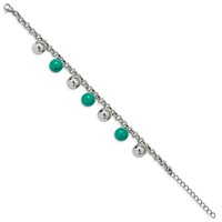 Stainless Steel Polished Bracelet with Imit.Turquoise Beads with Ext. 7in, 2" view 2