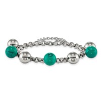 Stainless Steel Polished Bracelet with Imit.Turquoise Beads with Ext. 7in, 2" view 3