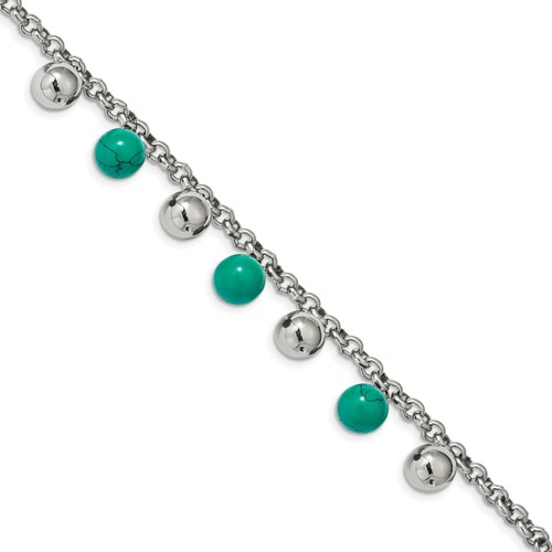 Stainless Steel Polished Bracelet with Imit.Turquoise Beads with Ext. 7in, 2"
