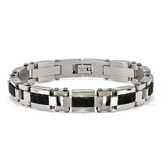 Stainless Steel Polished & Textured Black IP-plated Wire Inlay 8.5in Bracel