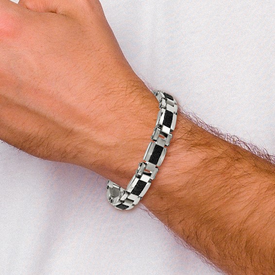 Stainless Steel Polished & Textured Black IP-plated Wire Inlay 8.5in Bracel