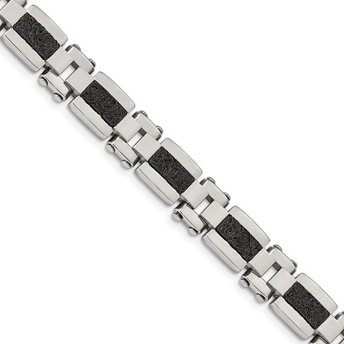 Stainless Steel Polished & Textured Black IP-plated Wire Inlay Bracel, 8.5"