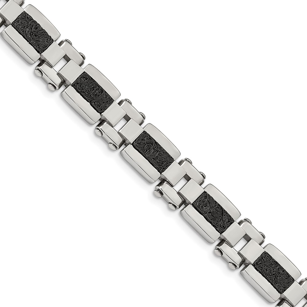 Stainless Steel Polished & Textured Black IP-plated Wire Inlay 8.5in Bracel