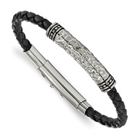 Chisel Stainless Steel Antiqued Polished and Hammered Black Braided Leather Adjustable 7.5 to Bracelet, 8" view 1