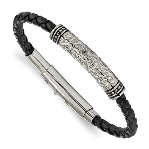 Chisel Stainless Steel Antiqued Polished and Hammered Black Braided Leather Adjustable 7.5 to Bracelet, 8"