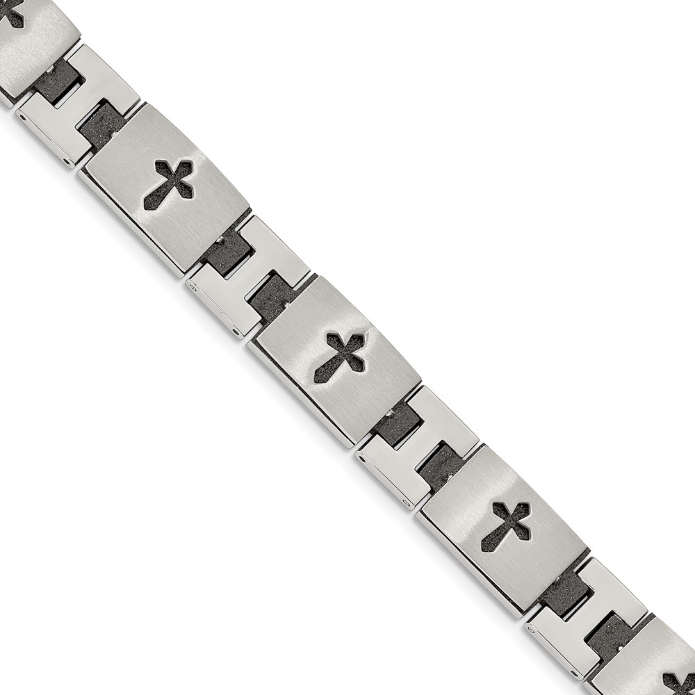 Stainless Steel Brushed,Polished & Laser cut Black IP Cross 8.75in Bracel