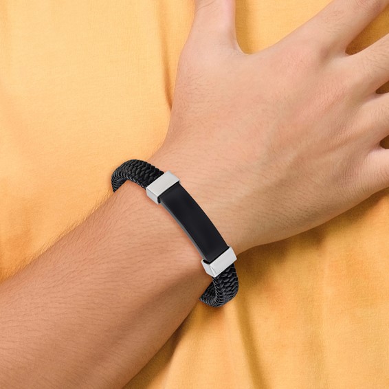 Chisel Stainless Steel Polished Black IP-plated Black Braided Leather 8.5 inch Bracelet