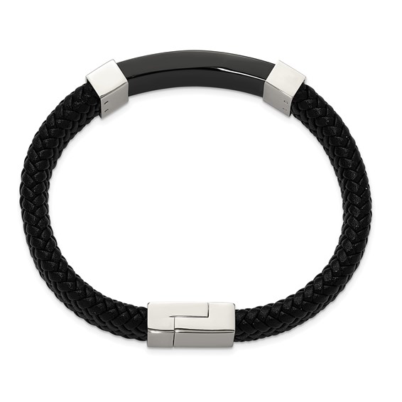 Chisel Stainless Steel Polished Black IP-plated Black Braided Leather 8.5 inch Bracelet
