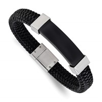Chisel Stainless Steel Polished Black IP-plated Black Braided Leather Bracelet, 8.5" view 1