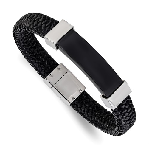 Chisel Stainless Steel Polished Black IP-plated Black Braided Leather Bracelet, 8.5"