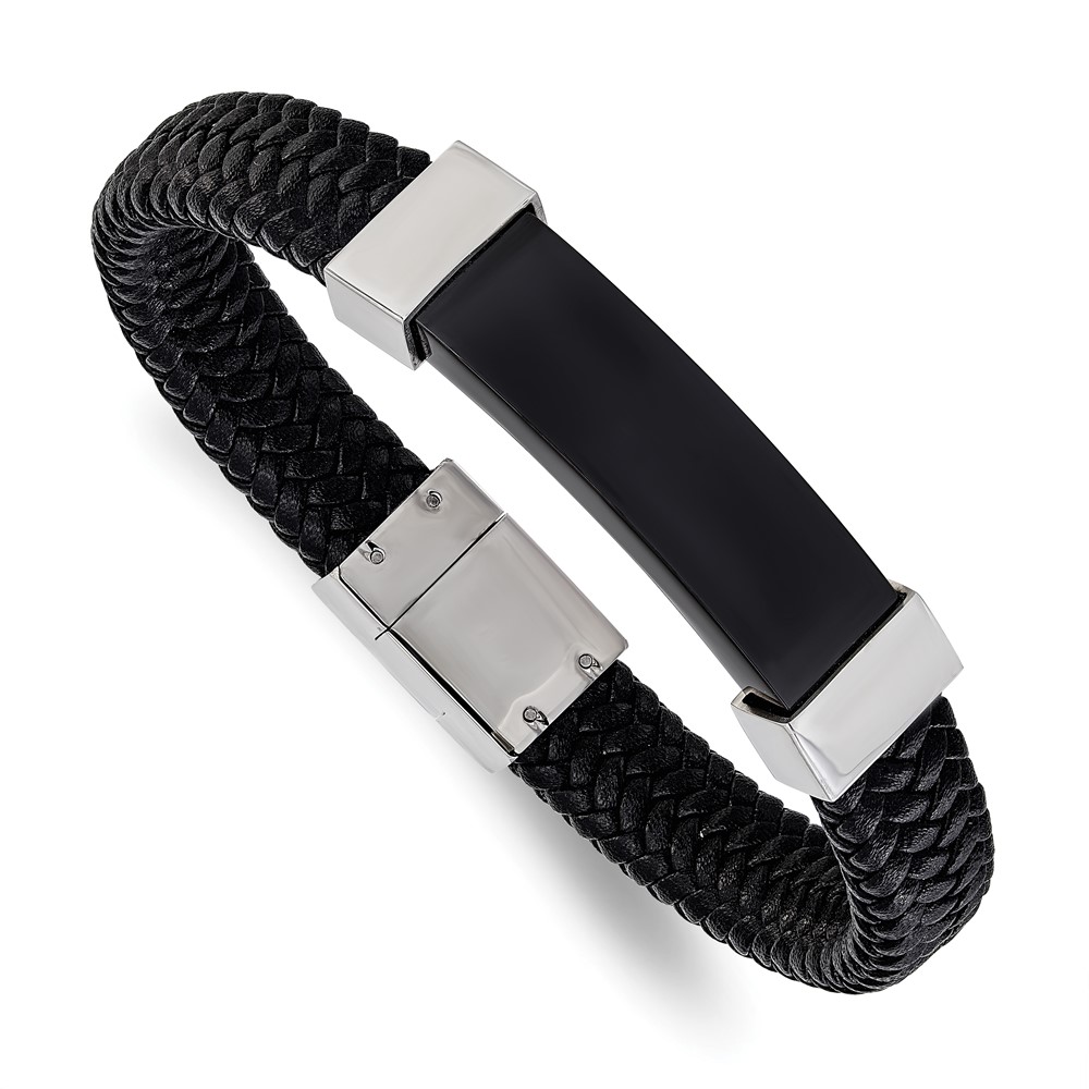Stainless Steel Polished Black IP-plated Black Leather 8.5in Bracelet