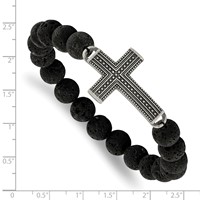 Chisel Stainless Steel Antiqued Gun Metal IP-plated Cross 10.5mm Lava Stone Beaded Stretch Bracelet view 2