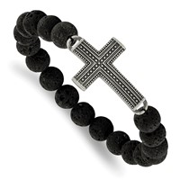 Chisel Stainless Steel Antiqued Gun Metal IP-plated Cross 10.5mm Lava Stone Beaded Stretch Bracelet view 1