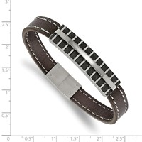 Stainless Steel Polished Black IP Lasercut Brown Leather Bracelet, 8.25" view 2