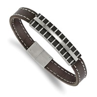 Stainless Steel Polished Black IP Lasercut Brown Leather Bracelet, 8.25" view 1
