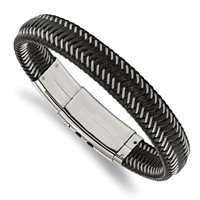 Chisel Stainless Steel Polished Braided Wire and Black Leather Adjustable 8 to Bracelet, 8.5" view 1