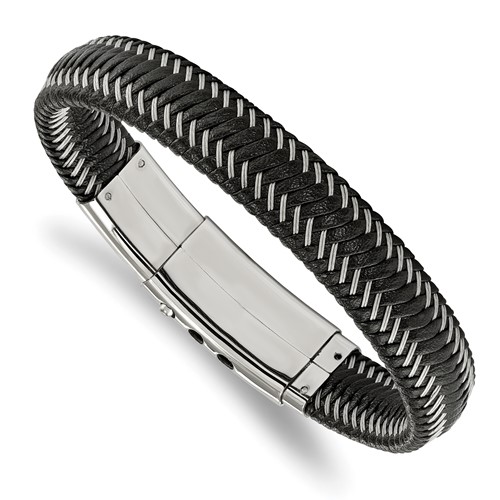Chisel Stainless Steel Polished Braided Wire and Black Leather Adjustable 8 to Bracelet, 8.5"