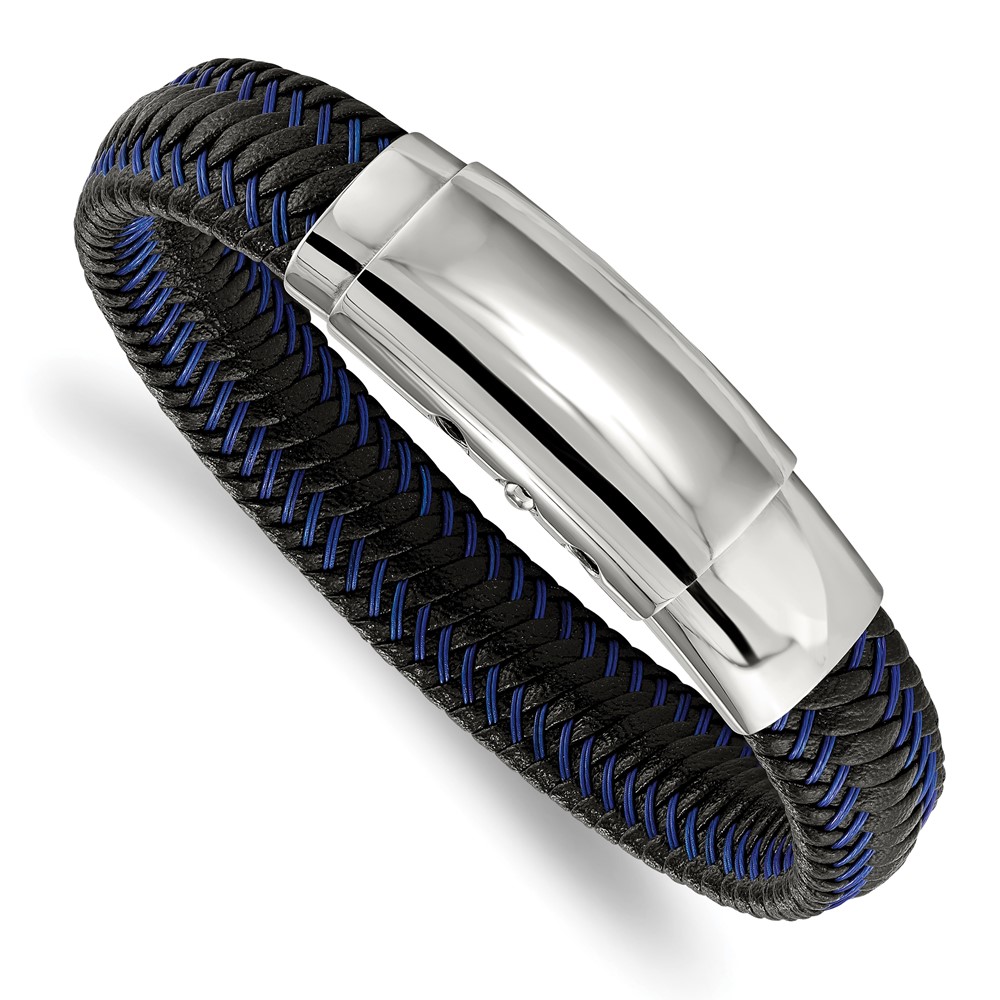 Stainless Steel Polished Blk Leather w/Blue Wire Adj 7.75-8.25in Bracelet