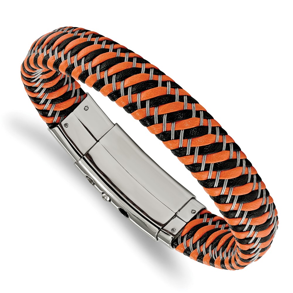Stainless Steel Polished Black & Orange Leather Adj 7.75-8.25in Bracelet