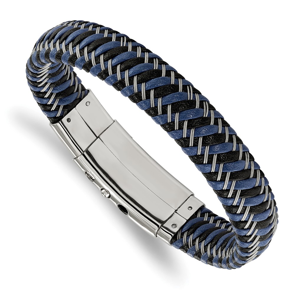 Stainless Steel Polished Black & Blue Leather Adj. 7.75-8.25in Bracelet