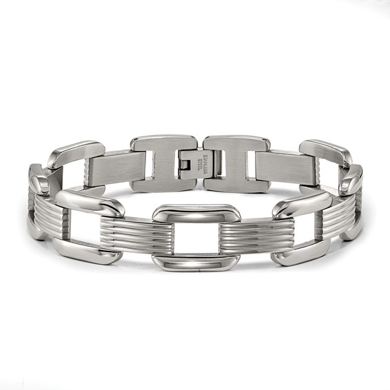 Chisel Stainless Steel Polished and Textured 8.5 inch Rounded Square Open Link Bracelet