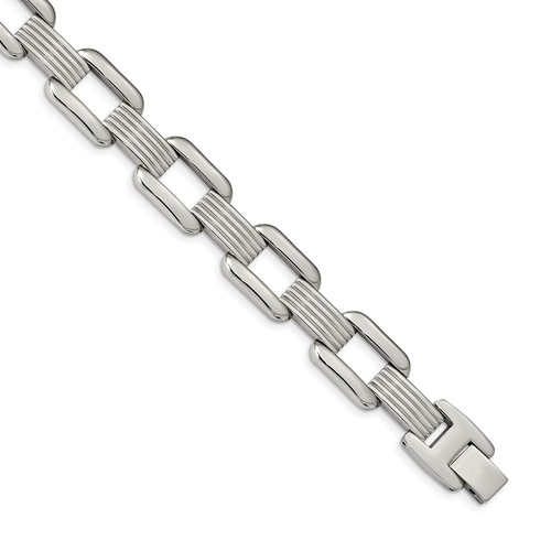 Chisel Stainless Steel Polished and Textured Rounded Square Open Link Bracelet, 8.5"