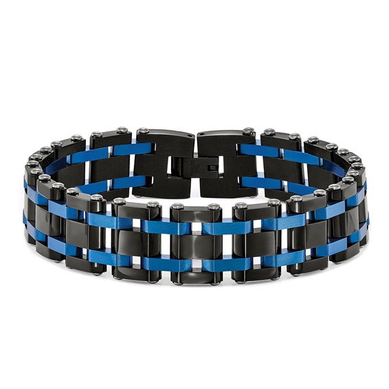 Chisel Stainless Steel Brushed and Polished Black and Blue IP-plated 8.5 inch Link Bracelet