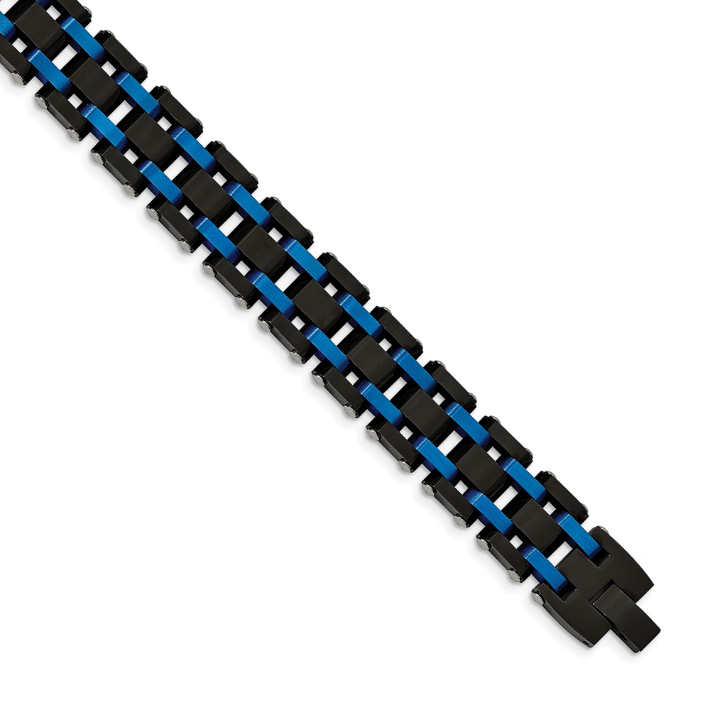 Stainless Steel Brushed and Polished Black/Blue IP-plated 8.5in Bracelet