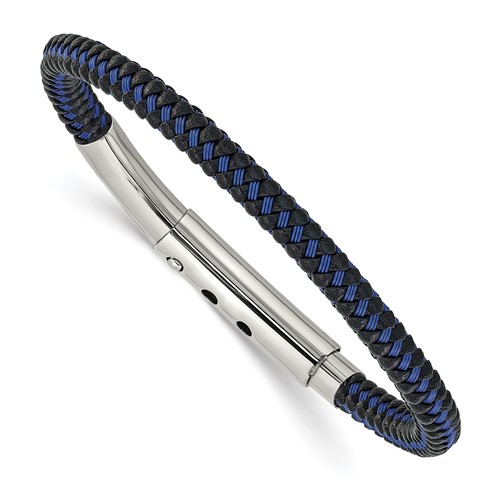 Chisel Stainless Steel Polished Blue Wire and Black Polyurethane Adjustable 7.75 to Bracelet, 8.25"
