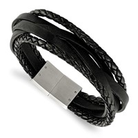 Chisel Stainless Steel Brushed Multi Strand Black Braided Leather Bracelet, 8.25" view 1