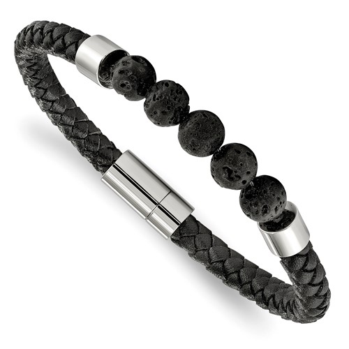 Chisel Stainless Steel Polished Bracelet with Lava Stone Beads Black Leather, 8.75"