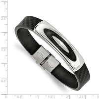 Stainless Steel Polished Black Leather Bracelet, 8" view 2