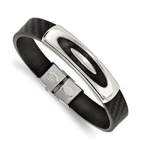 Stainless Steel Polished Black Leather Bracelet, 8" view 1